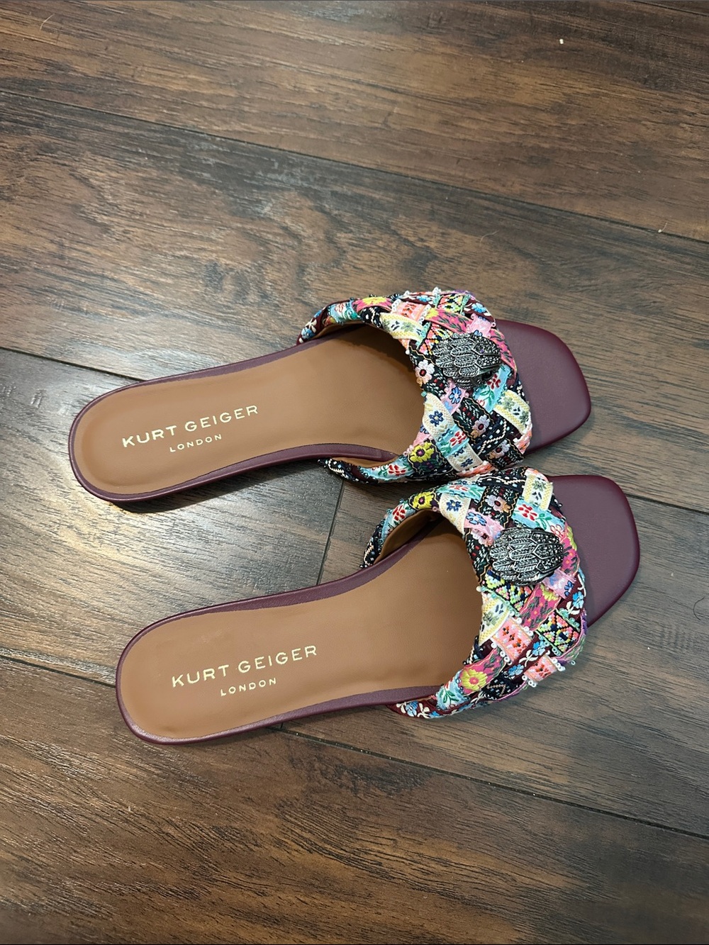 Kurt Geiger Maroon Slide Sandals with Multicolor Floral Straps